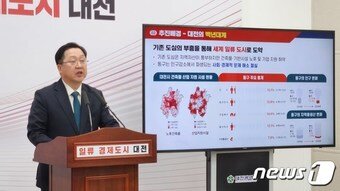 본문 이미지 - 이장우 대전시장이 6일 시정브리핑을 통해 메가 충청 스퀘어 조성사업 계획을 발표하고 있다./뉴스1 ⓒ News1 김경훈 기자
