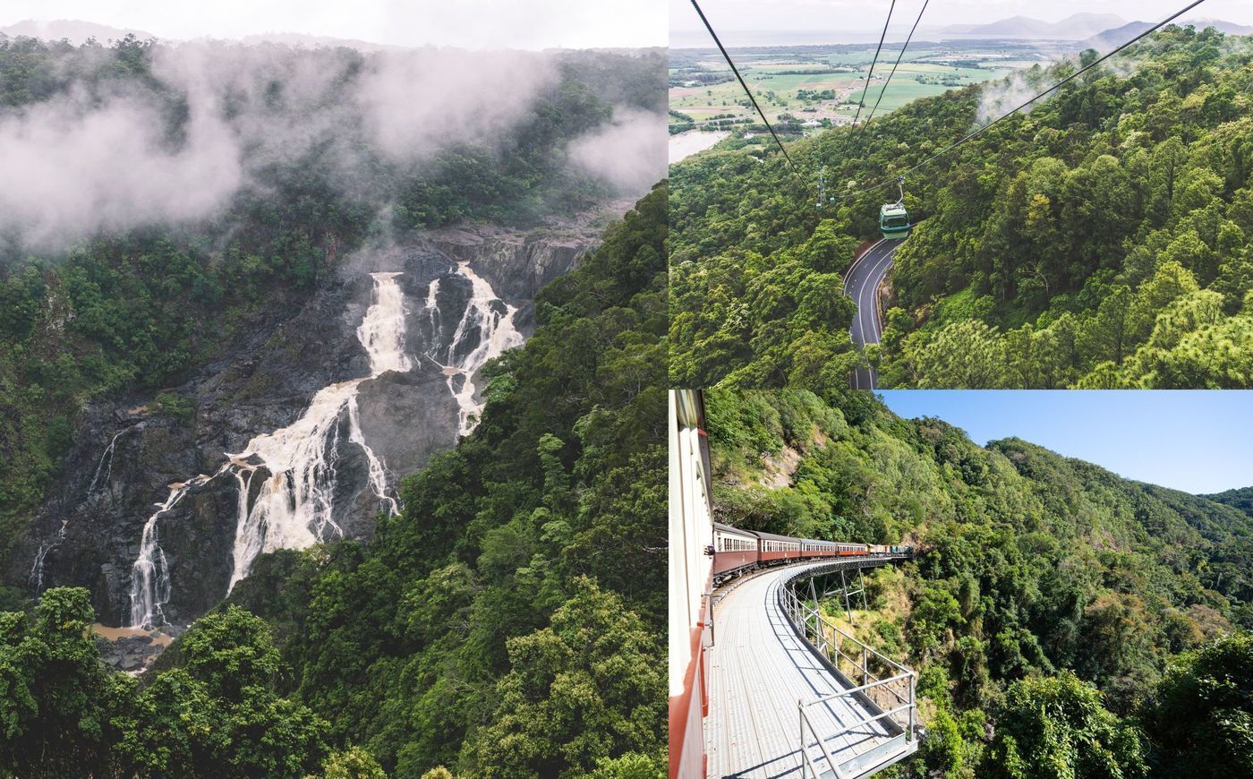 본문 이미지 - 배런 폭포 전경과 스카이레일 레인포레스트 케이블웨이(우측 상단)과 쿠란다 스케닉 레일웨이 @호주 퀸즐랜드관광청