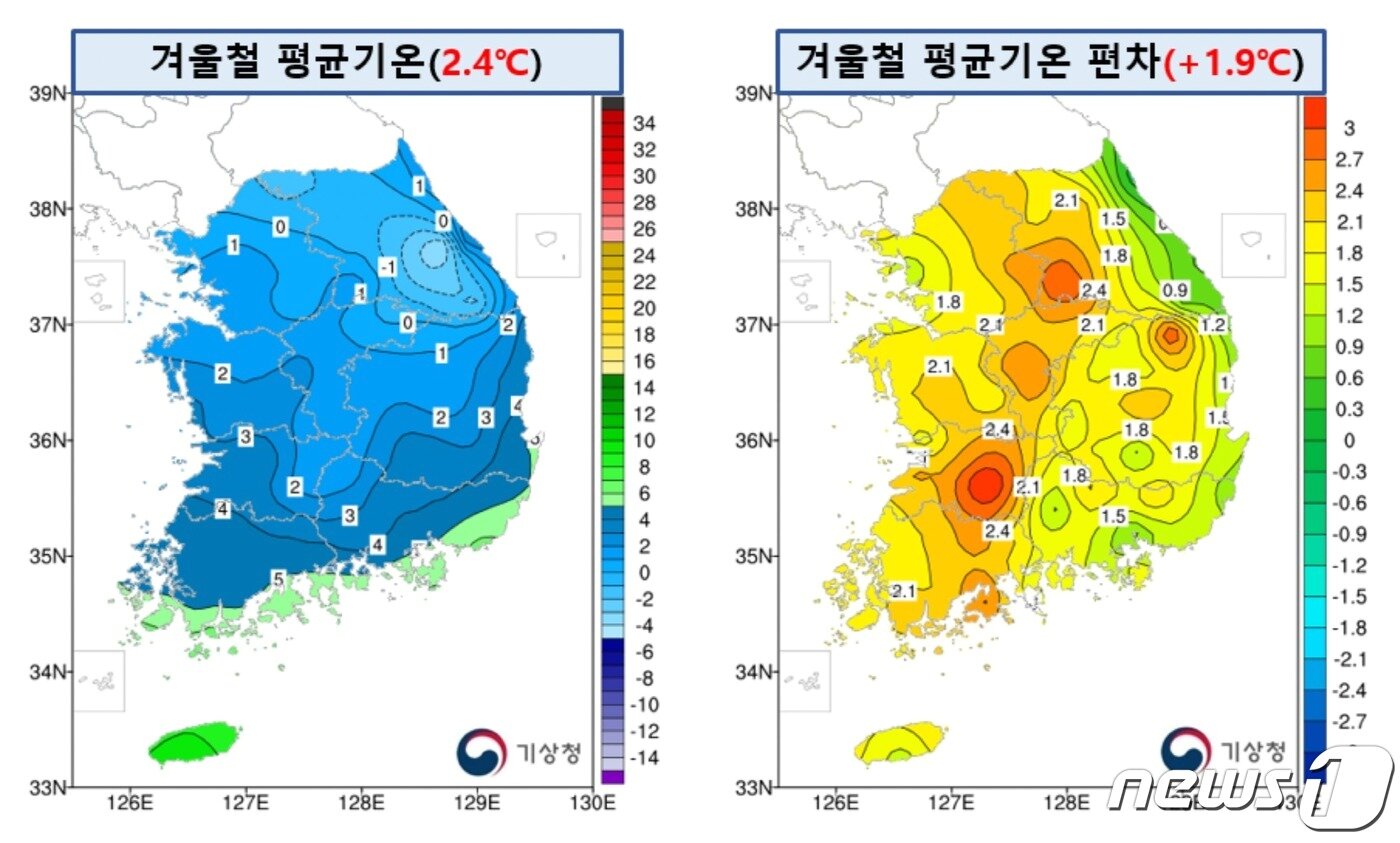본문 이미지 - 겨울철 평균기온 및 평균기온 편차 모식도(기상청 제공) ⓒ 뉴스1 ⓒ News1 황덕현 기후환경전문기자