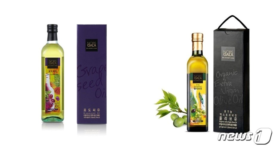 본문 이미지 - 한국암웨이 원포원 노브스갈라 포도씨유(왼쪽) 원포원  노브스갈라 유기농 엑스트라버진 올리브유(공식 판매페이지 갈무리)