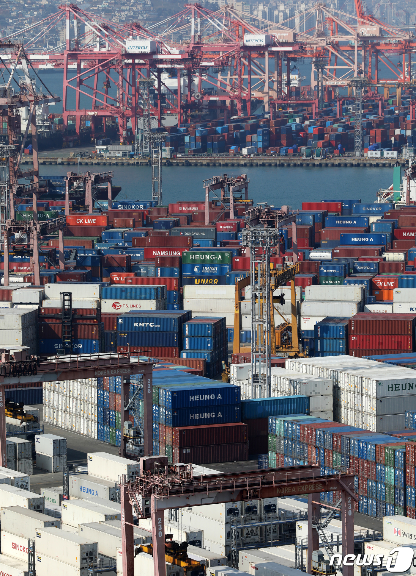 (부산=뉴스1) 윤일지 기자 = 8일 부산항 신선대부두와 감만부두 야적장에 컨테이너가 가득 쌓여 있다. 한국은행이 이날 발표한 '2024년 1월 국제수지 잠정통계'에 따르면 지난 …