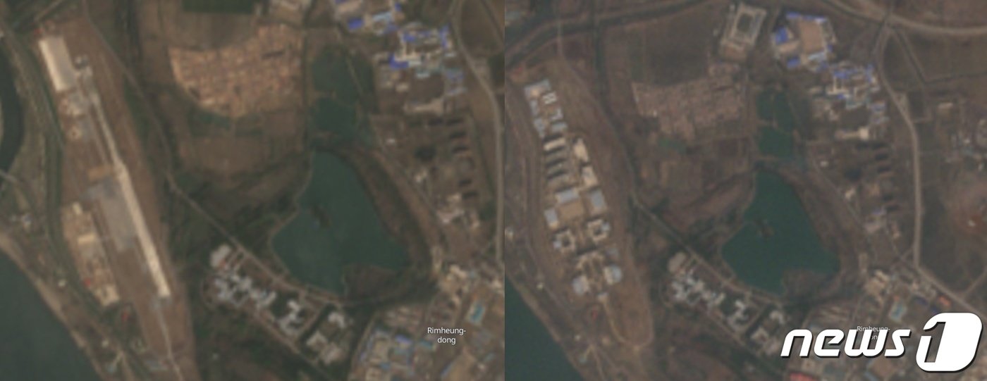 왼쪽 사진은 2023년 4월10일 촬영한 북한 백화원 비행장 부지, 오른쪽 사진은 2024년 3월15일 촬영한 북한 백화원 비행장 부지. 1년여 사이 비행장이 헐리고 새로운 건물들이 들어선 모습이다. &#40;출처=센티넬 위성&#41; 2024.4.1./뉴스1