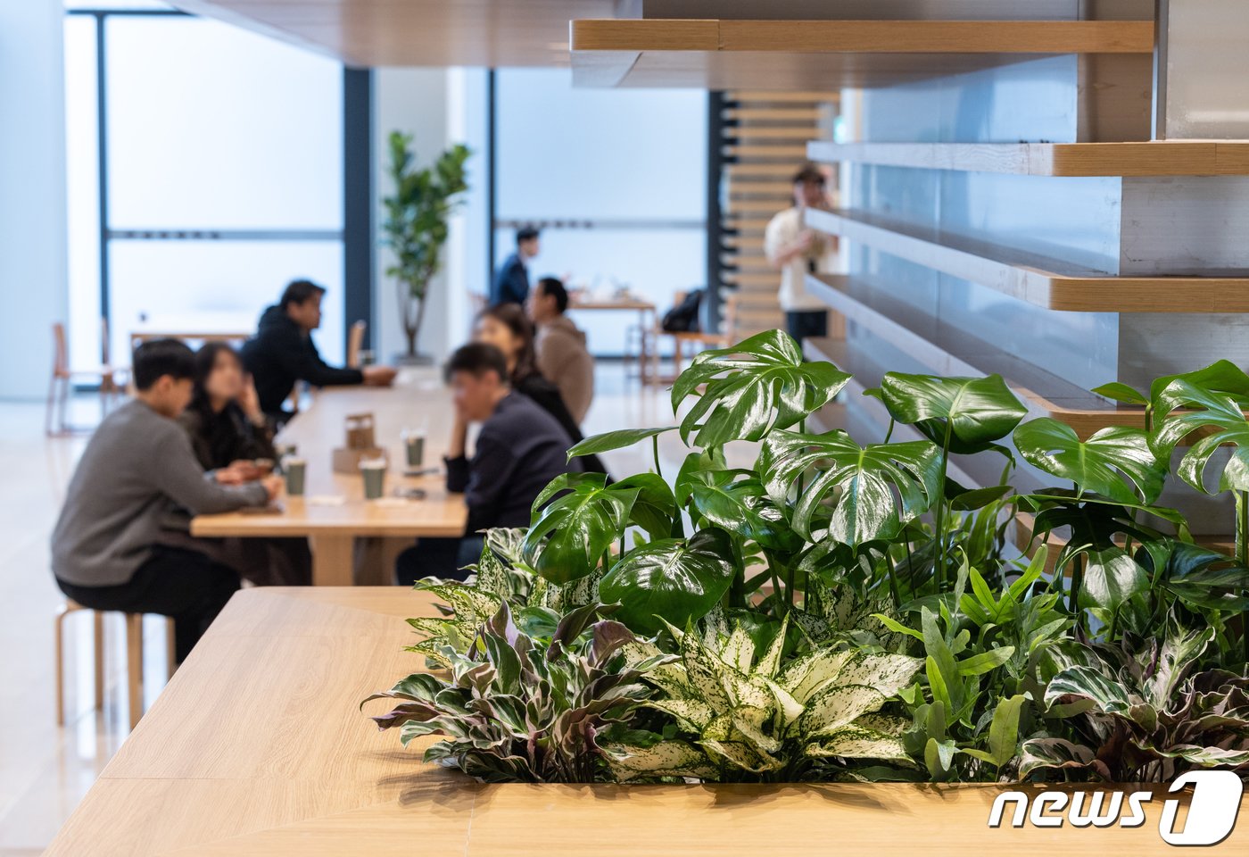 본문 이미지 - LG트윈타워가 1987년 완공 후 처음으로 저층부 공용공간 리모델을 마치고 1일 새롭게 태어났다.  지하 1층 카페 공간에서 직원들이 휴식하고 있는 모습. 2024.4.1/뉴스1 ⓒ News1 이재명 기자
