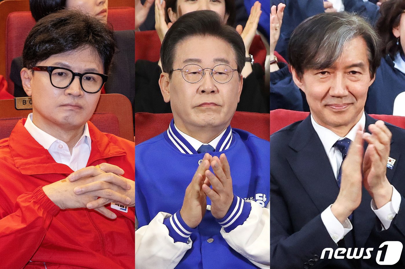 본문 이미지 - 한동훈 국민의힘 총괄선거대책위원장(왼쪽부터), 이재명 더불어민주당 대표, 조국 조국혁신당 대표가 10일 서울 여의도 국회에서 방송사 출구조사 결과 발표를 보고 있다. 2024.4.10/뉴스1 ⓒ News1 송원영 기자