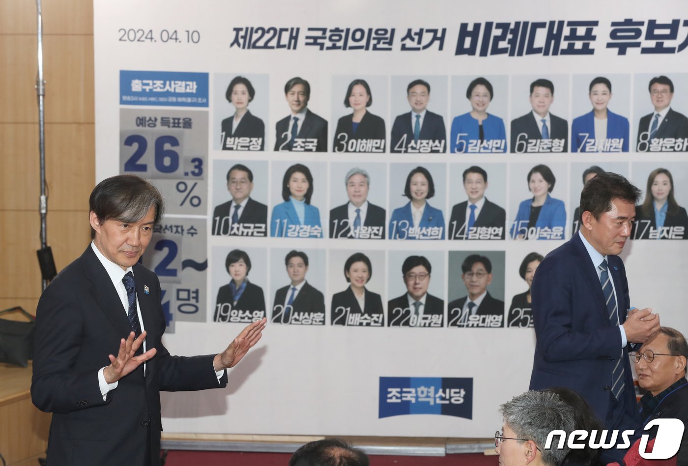 본문 이미지 - 조국 조국혁신당 대표가 10일 오후 서울 여의도 국회의원회관에 마련된 개표상황실에서 출구조사 결과를 확인한 뒤 인사하고 있다.(공동취재) 2024.4.10/뉴스1 ⓒ News1 구윤성 기자