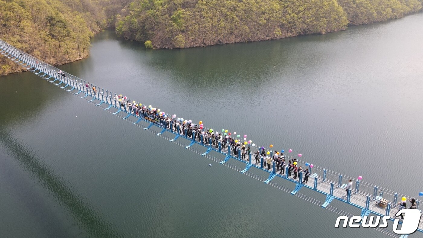 본문 이미지 - 12일 개통한 국내 최장 출렁다리 초평호 미르309.(진천군 제공)/뉴스1