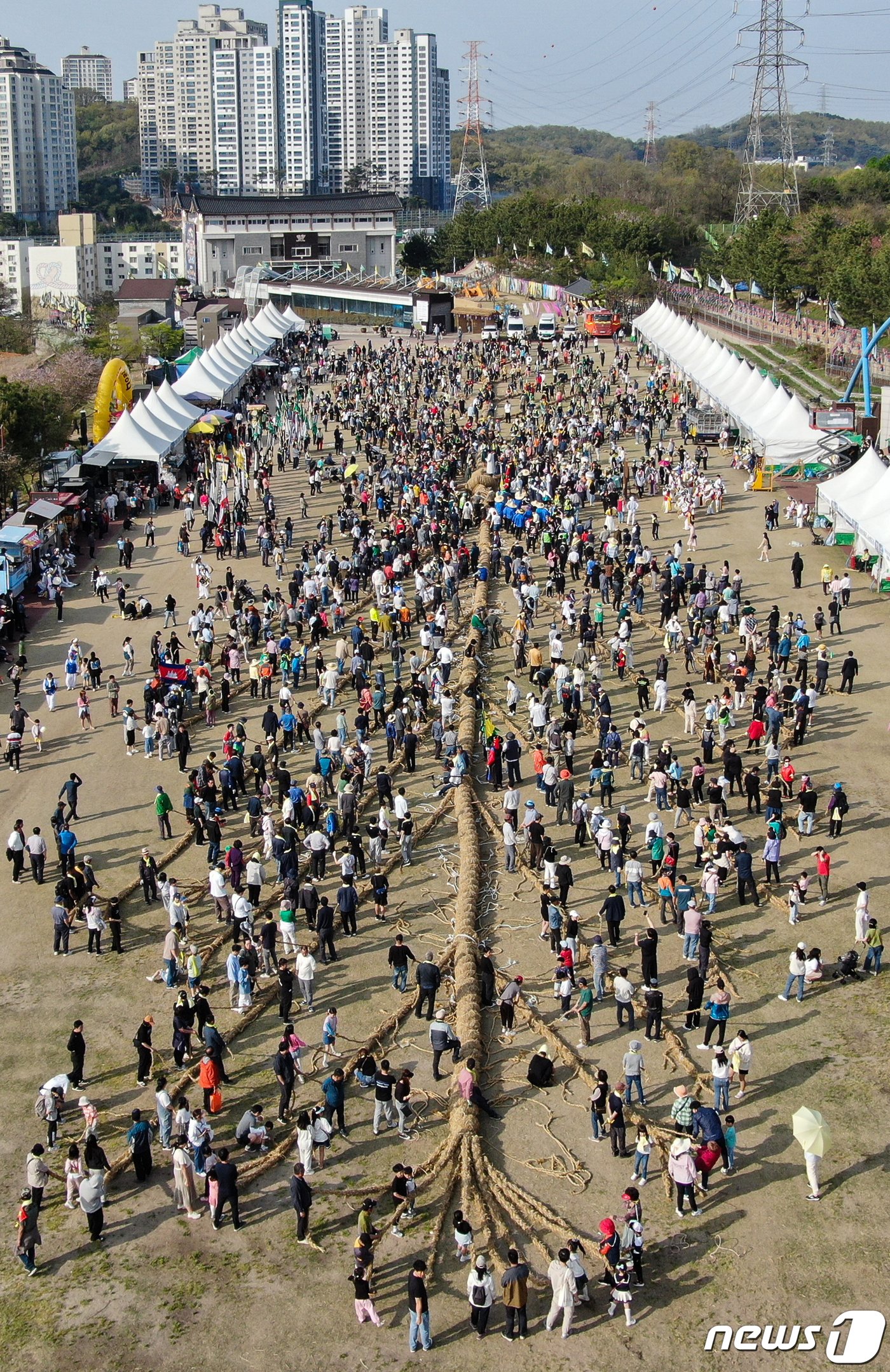 14일 충남 당진시 송악읍 기지시줄다리기박물관 일원에서 열린 기지시줄다리기 축제에서 참가자들이 줄을 당기고 있다.2024.4.14/뉴스1 ⓒ News1 김도우 기자