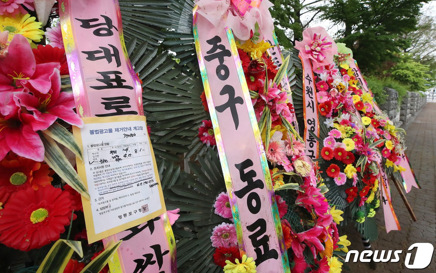 15일 오전 서울 여의도 국회 담장 앞에 한동훈 전 국민의힘 비상대책위원장을 응원하는 화한이 놓여있다. 화환에는 불법광고물 제거안내 계고장이 붙어 있다. 2024.4.15/뉴스1 ⓒ News1 임세영 기자