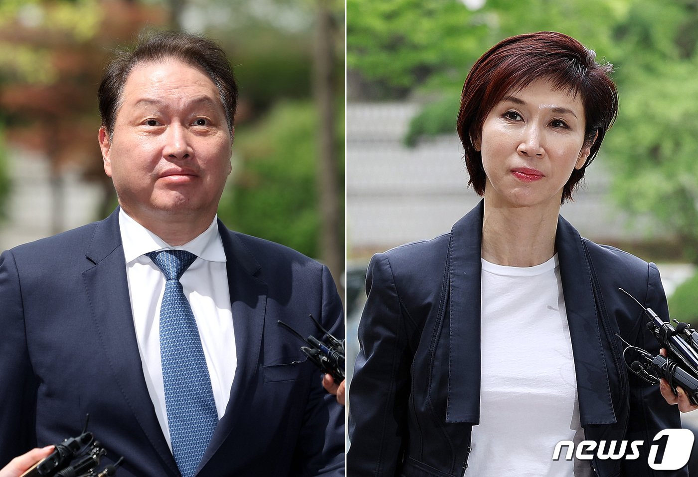 본문 이미지 - 최태원 SK그룹 회장(왼쪽)과 노소영 아트센터 나비 관장이 16일 오후 서울 서초구 고등법원에서 열린 이혼 관련 항소심 변론기일에 출석하고 있다. 2024.4.16/뉴스1 ⓒ News1 박지혜 기자