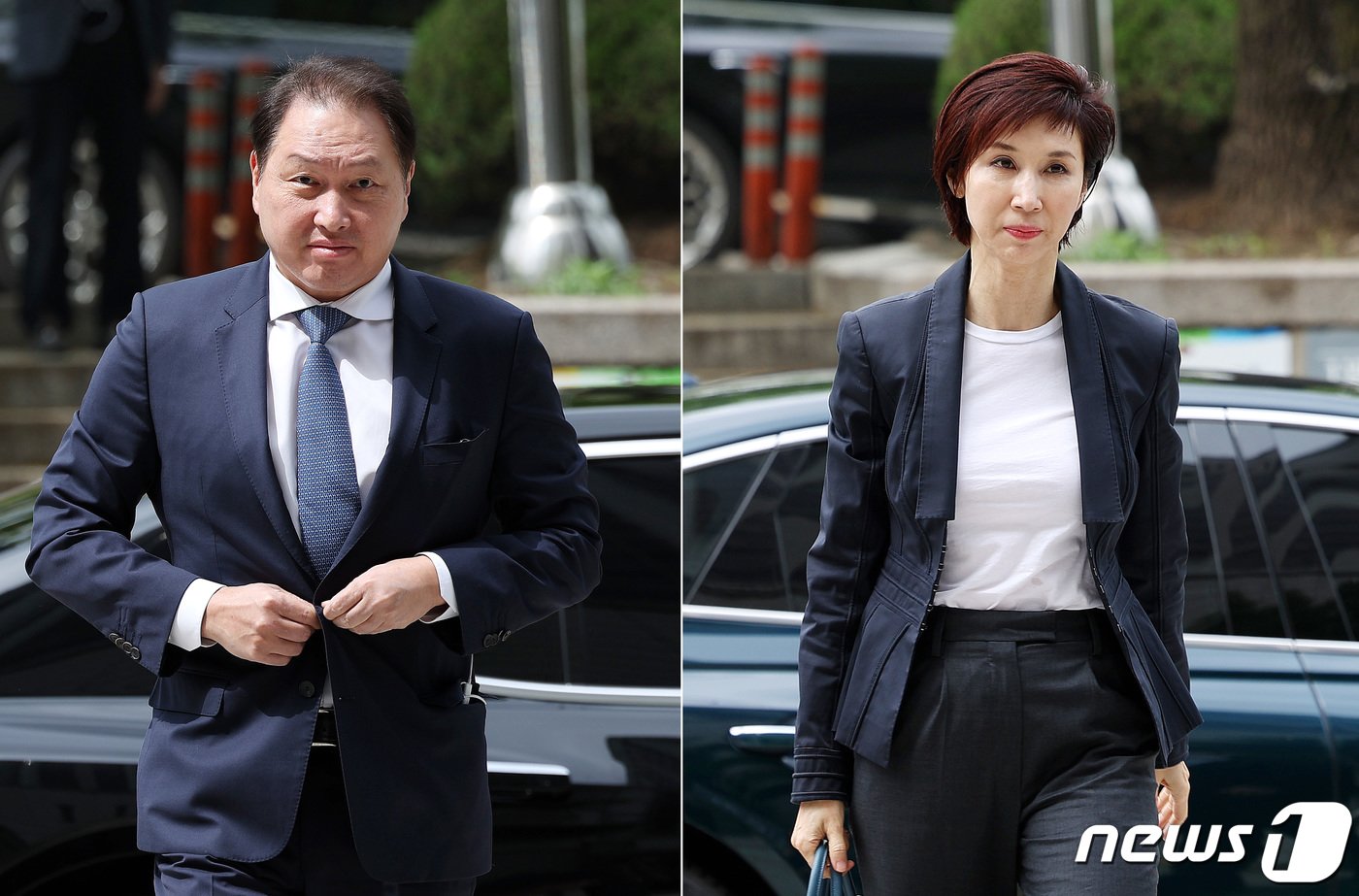 본문 이미지 - 최태원 SK그룹 회장(왼쪽)과 노소영 아트센터 나비 관장이 16일 오후 서울 서초구 고등법원에서 열린 이혼 관련 항소심 변론기일에 출석하고 있다. 2024.4.16/뉴스1 ⓒ News1 박지혜 기자