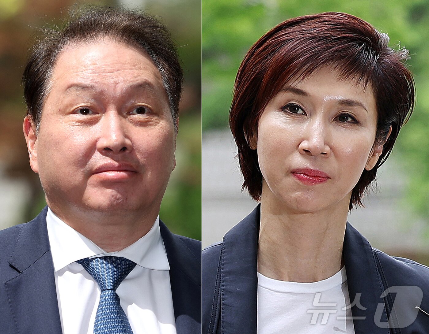 본문 이미지 - 최태원 SK그룹 회장(왼쪽)과 노소영 아트센터 나비 관장이 16일 오후 서울 서초구 고등법원에서 열린 이혼 관련 항소심 변론기일에 출석하며 취재진 질문에 답하고 있다. 2024.4.16/뉴스1 ⓒ News1 박지혜 기자