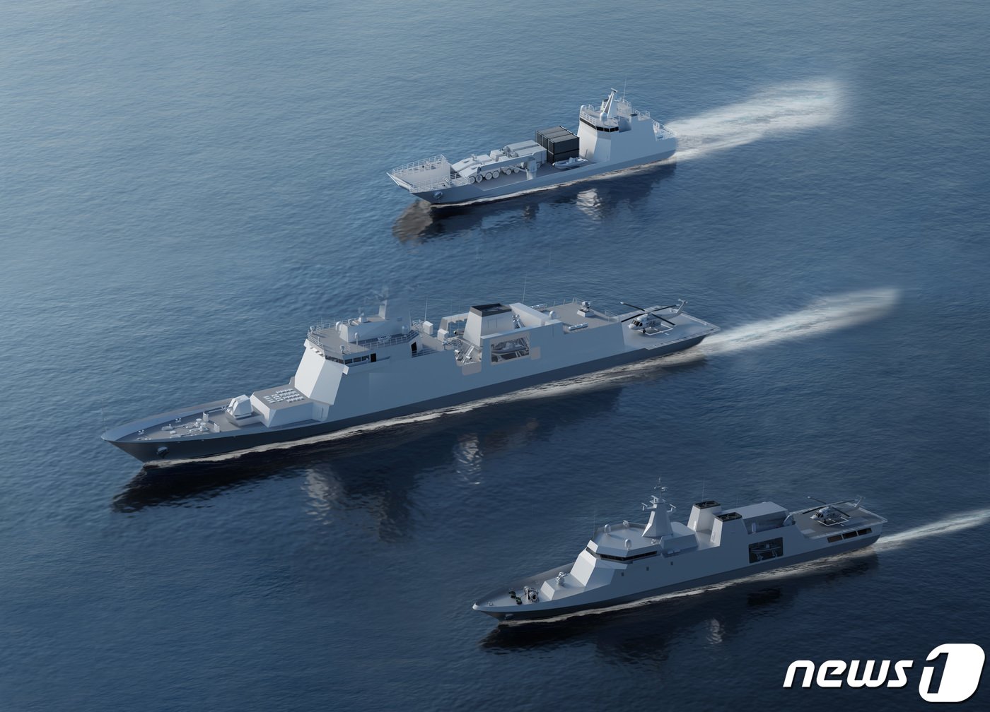 본문 이미지 - HD현대중공업이 페루로부터 수주한 3400톤급 호위함&#40;가운데&#41;, 2200톤급 원해경비함&#40;아래&#41;, 1400톤급 상륙함의 조감도&#40;HD현대 제공&#41; 