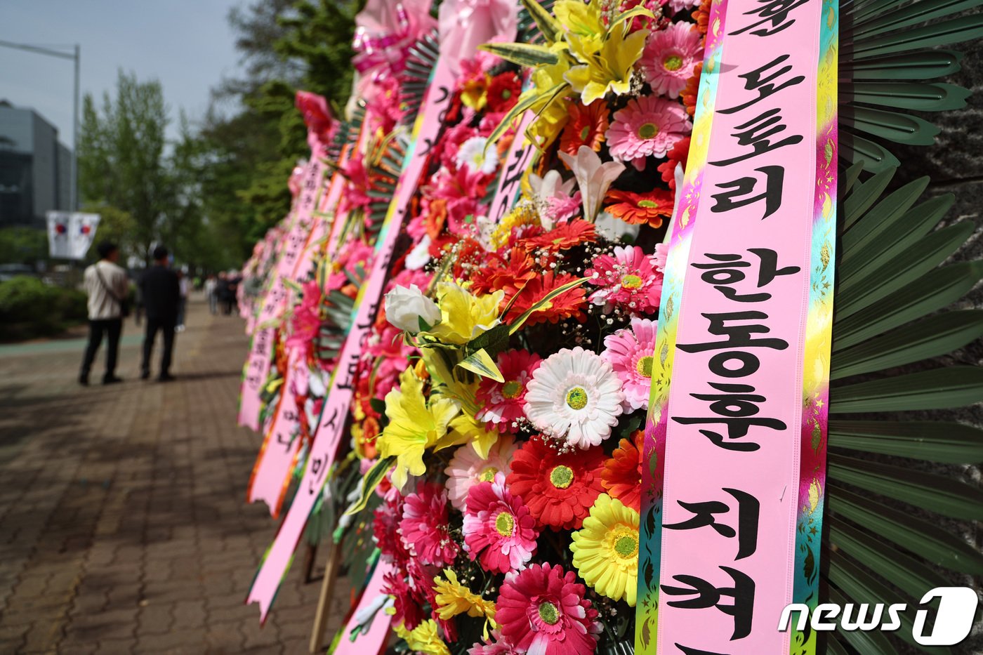 17일 오전 서울 여의도 국회 헌정회관 앞에 한동훈 국민의힘 전 비상대책위원장의 지지자들이 설치한 응원화환들이 놓여 있다. 2024.4.17/뉴스1 ⓒ News1 구윤성 기자