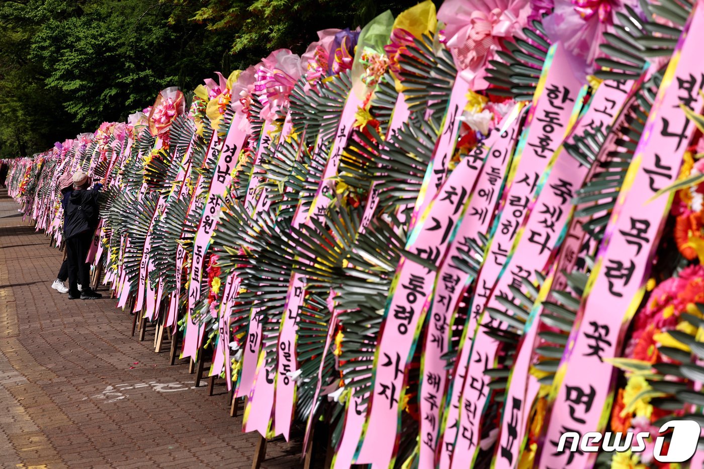 17일 오전 서울 여의도 국회 헌정회관 앞에 한동훈 국민의힘 전 비상대책위원장의 지지자들이 설치한 응원화환들이 놓여 있다. 2024.4.17/뉴스1 ⓒ News1 구윤성 기자