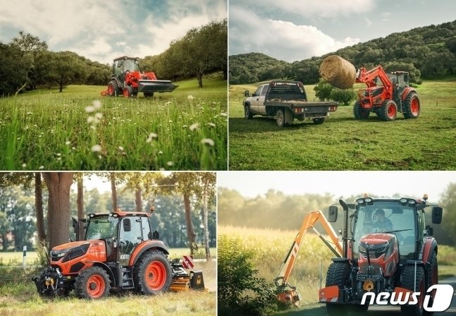 본문 이미지 - 왼쪽 상단부터 시계 방향으로 프론트로더+DK트랙터, 프론트스피오+HX트랙터, 후방로타리+HX트랙터. 사이드모어+HX트랙터 등 대동 수출 트랙터(대동 제공)