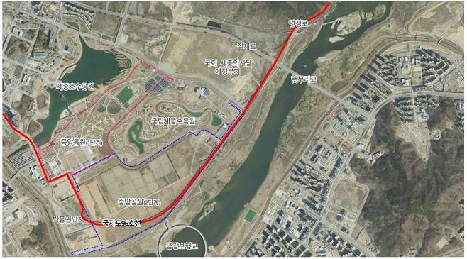 본문 이미지 - 세종 중앙공원 인근 국가지원 지방도 96호선 연결도로 위치도 (행복청 제공) / 뉴스1 