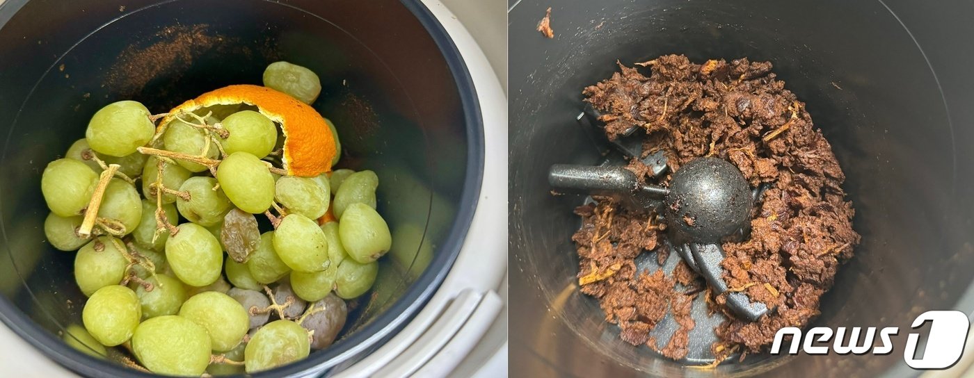 본문 이미지 - 미닉스의 음식물 처리기 '더 플렌더'로 음식물쓰레기를 처리하기 전(왼쪽)과 후 모습 ⓒ News1 이민주 기자