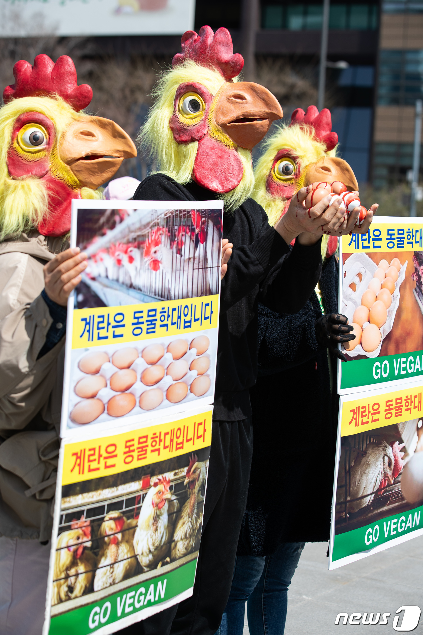 (서울=뉴스1) 유승관 기자 = 한국채식연합 회원들이 2일 서울 광화문광장에서 '계란(달걀)은 동물학대입니다' 기자회견을 열고 채식을 촉구하는 퍼포먼스를 펼치고 있다. 2024.4 …