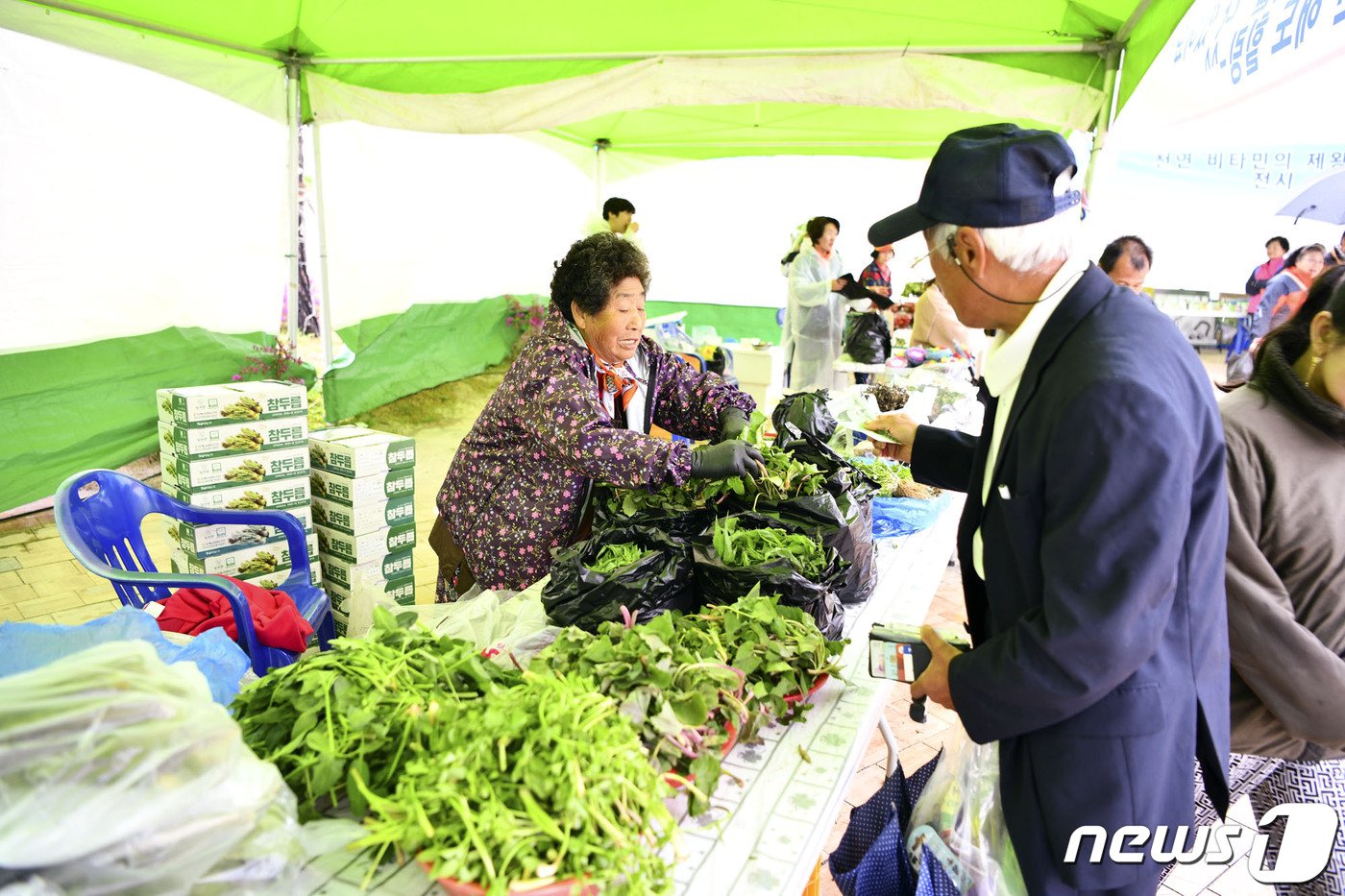 지난 20일 제2회 장안산 봄나물 축제가 전북자치도 장수군 계남면에서 열리고 있는 가운데 주민들이 나물을 판매하고 있다.&#40;장수군제공&#41;2024.4.21/뉴스1