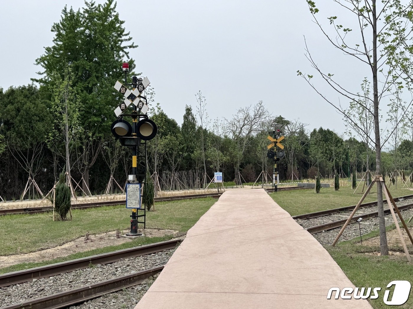 본문 이미지 - 울산 북구 울산숲 호계구간에 마련된 철도 포토존. 21일 비가 내리는 가운데 산책로는 대체로 한산한 모습이다. 2024.4.21/뉴스1 ⓒ News1 김세은 기자