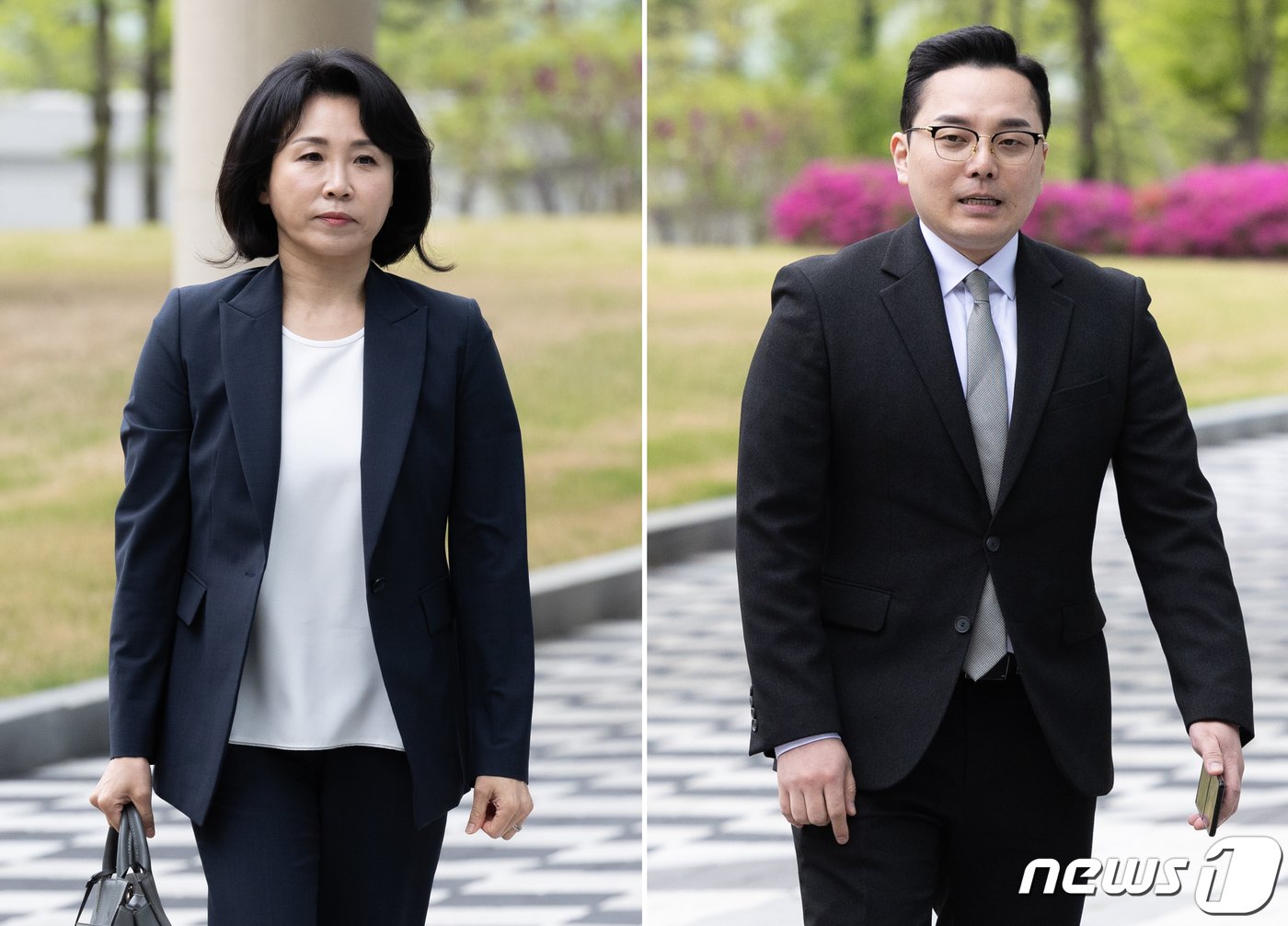 본문 이미지 - ‘공직선거법 위반’ 혐의로 불구속 기소된 더불어민주당 이재명 대표의 배우자 김혜경 씨와 '경기도 법카 유용 의혹' 제보자 조명현 씨가 22일 오전 경기 수원시 영통구 수원지방법원에서 열린 3차 공판에 출석하고 있다. 2024.4.22/뉴스1 ⓒ News1 이재명 기자