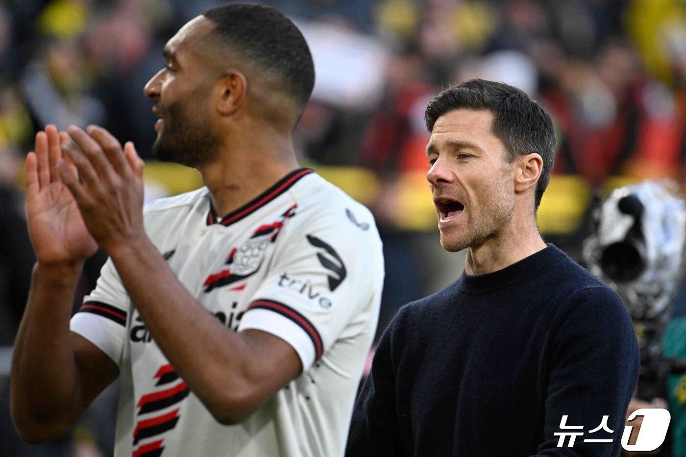 본문 이미지 - 45경기 무패를 이어간 사비 알론소 레버쿠젠 감독이 기뻐하고 있다. ⓒ AFP=뉴스1