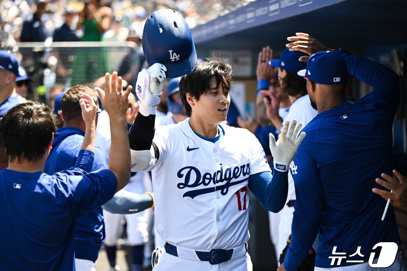 본문 이미지 - LA 다저스의 오타니 쇼헤이가 21일(현지시간) 캘리포니아주 로스앤젤레스 다저스타디움에서 열린 MLB 뉴욕 메츠와 경기서 투런 홈런을 터트린 뒤 동료들의 축하를 받고 있다. 2024. 04. 22 ⓒ 로이터=뉴스1 ⓒ News1 우동명 기자