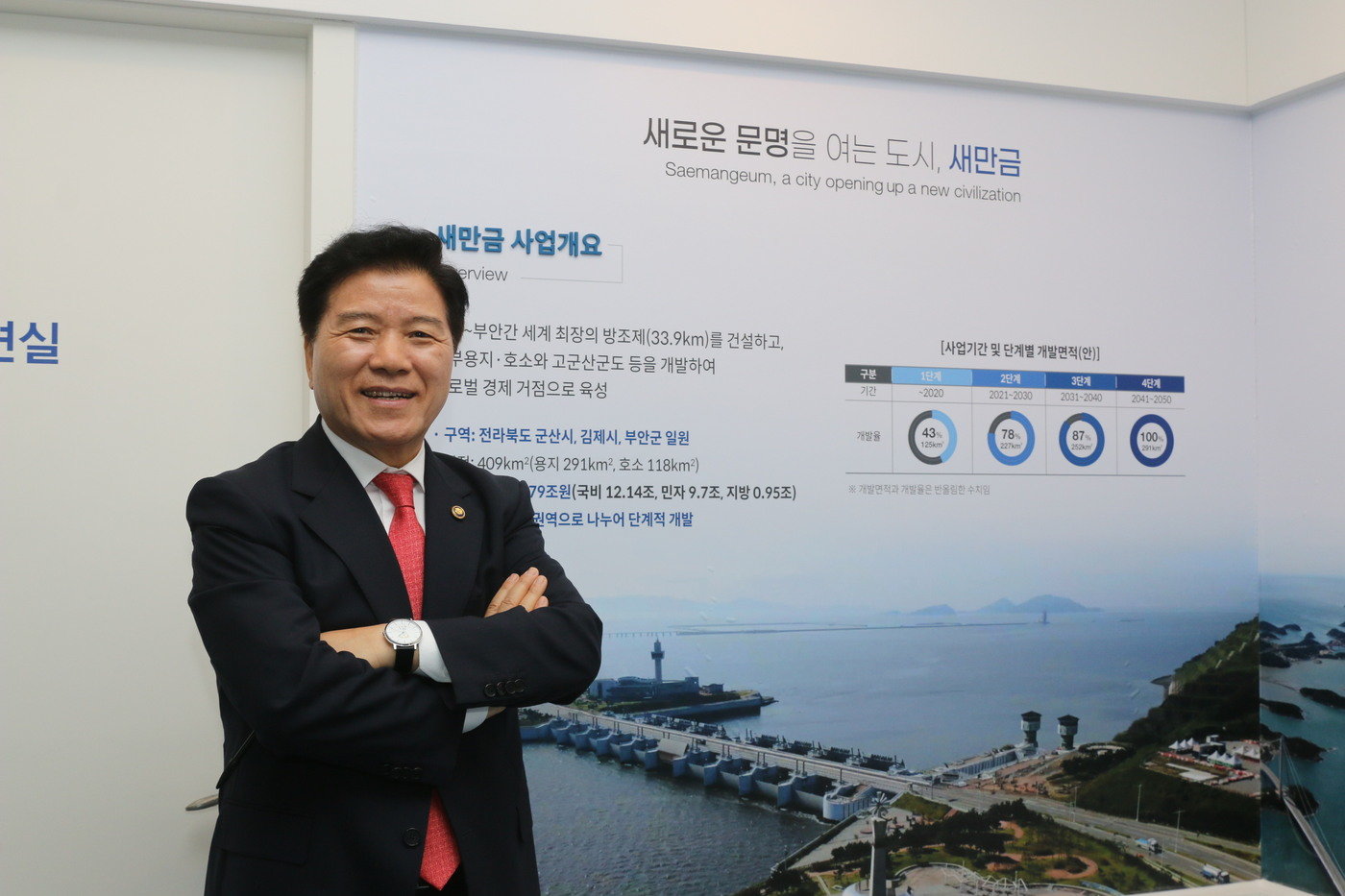 본문 이미지 - 김경안 새만금개발청장이 지난 19일 오후 서울 용산구 동자동 새만금개발청 새만금투자전시관에서 진행된 <뉴스1>과의 인터뷰 후 포즈를 취하고 있는 모습.(새만금개발청 제공)