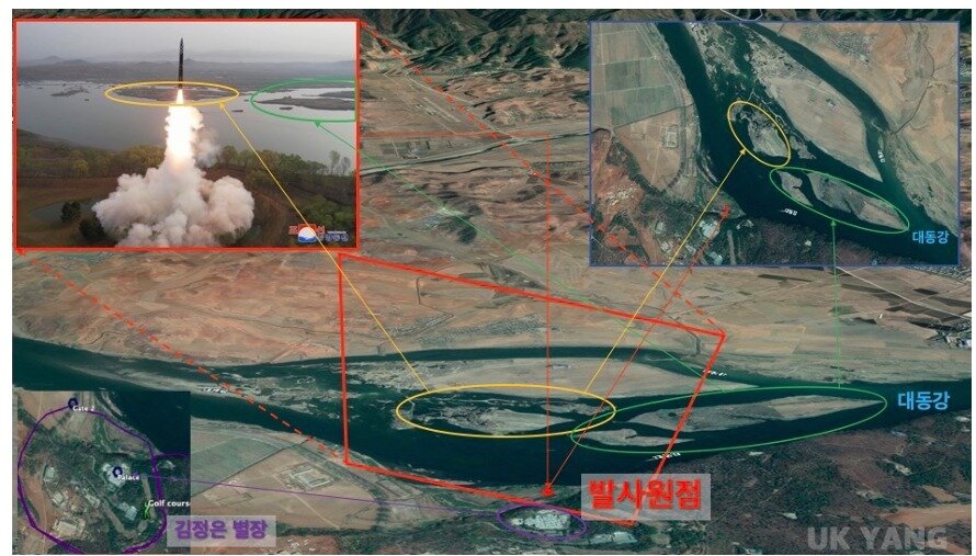 본문 이미지 - 지난해 7월 12일 북한의 ICBM 화성-18형 시험발사 지점을 분석한 양욱 아산정책연구원 연구위원의 자료.(양욱 위원 제공)