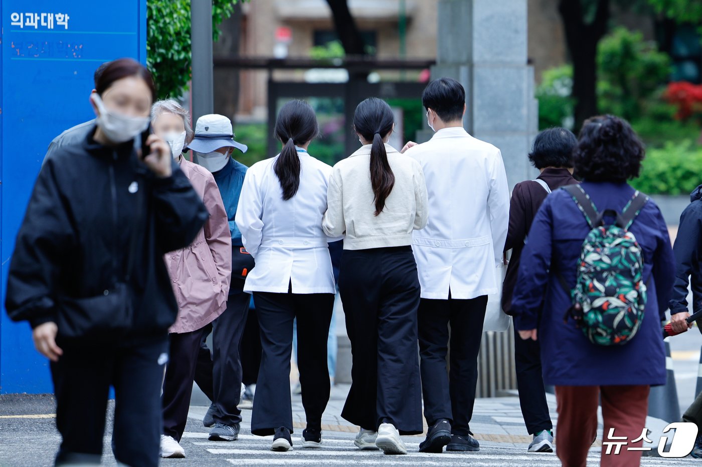 본문 이미지 - 24일 서울 종로구 서울대병원에서 의료진이 이동하고 있다. 서울의대 교수들은 오는 30일 하루동안 응급·중증·입원 환자 등을 제외한 진료 분야에서 개별적으로 전면적인 진료 중단에 나선다. 내달 1일에는 비대위 수뇌부 교수 4명이 일괄 사직할 예정이다. 2024.4.24/뉴스1 ⓒ News1 안은나 기자