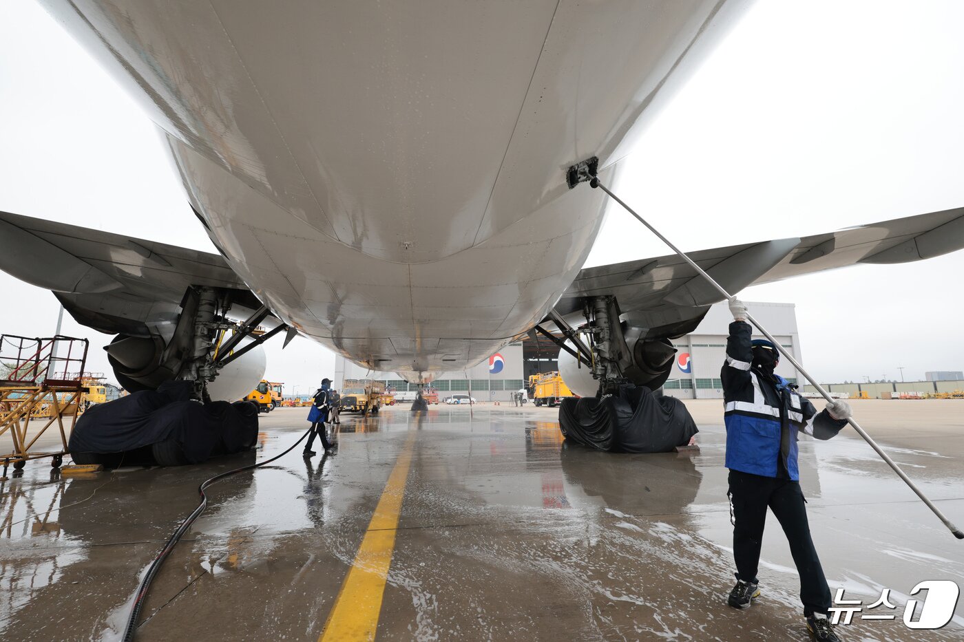 본문 이미지 - 25일 오전 인천 중구 인천국제공항 대한항공 격납고에서 직원들이 봄을 맞아 항공기 동체 세척을 하고 있다.(공동취재) 2024.4.25/뉴스1 ⓒ News1 장수영 기자
