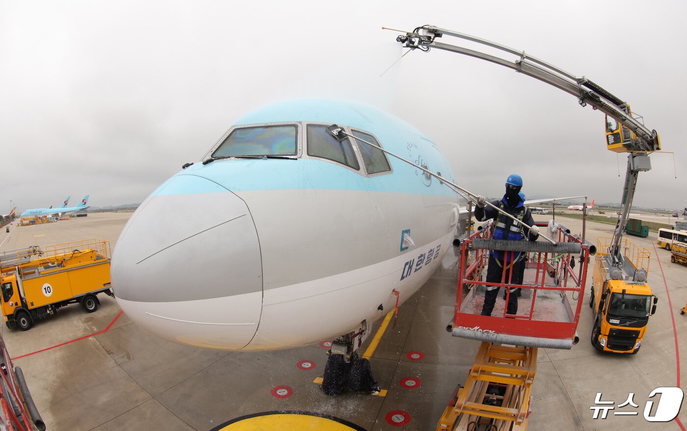 본문 이미지 - 25일 오전 인천 중구 인천국제공항 대한항공 격납고에서 직원들이 봄을 맞아 항공기 동체 세척을 하고 있다. 2024.4.25/뉴스1 ⓒ News1 장수영 기자