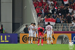 득점에 기뻐하는 U-23 인도네시아 축구 국가대표팀 선수들