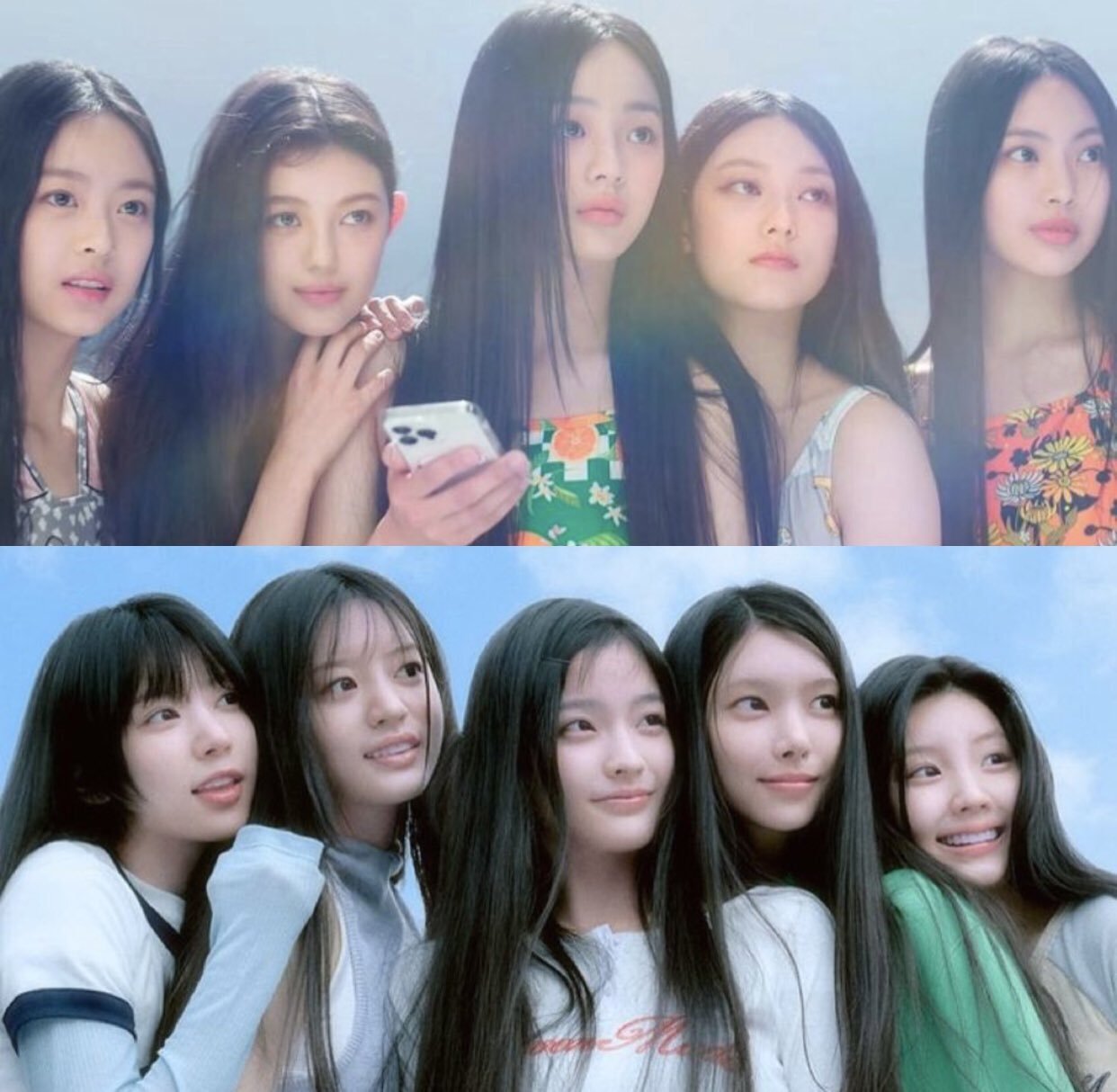 본문 이미지 - 멤버 전원 긴 생머리 콘셉트로 데뷔한 뉴진스(위)와 아일릿. (온라인 커뮤니티 갈무리)