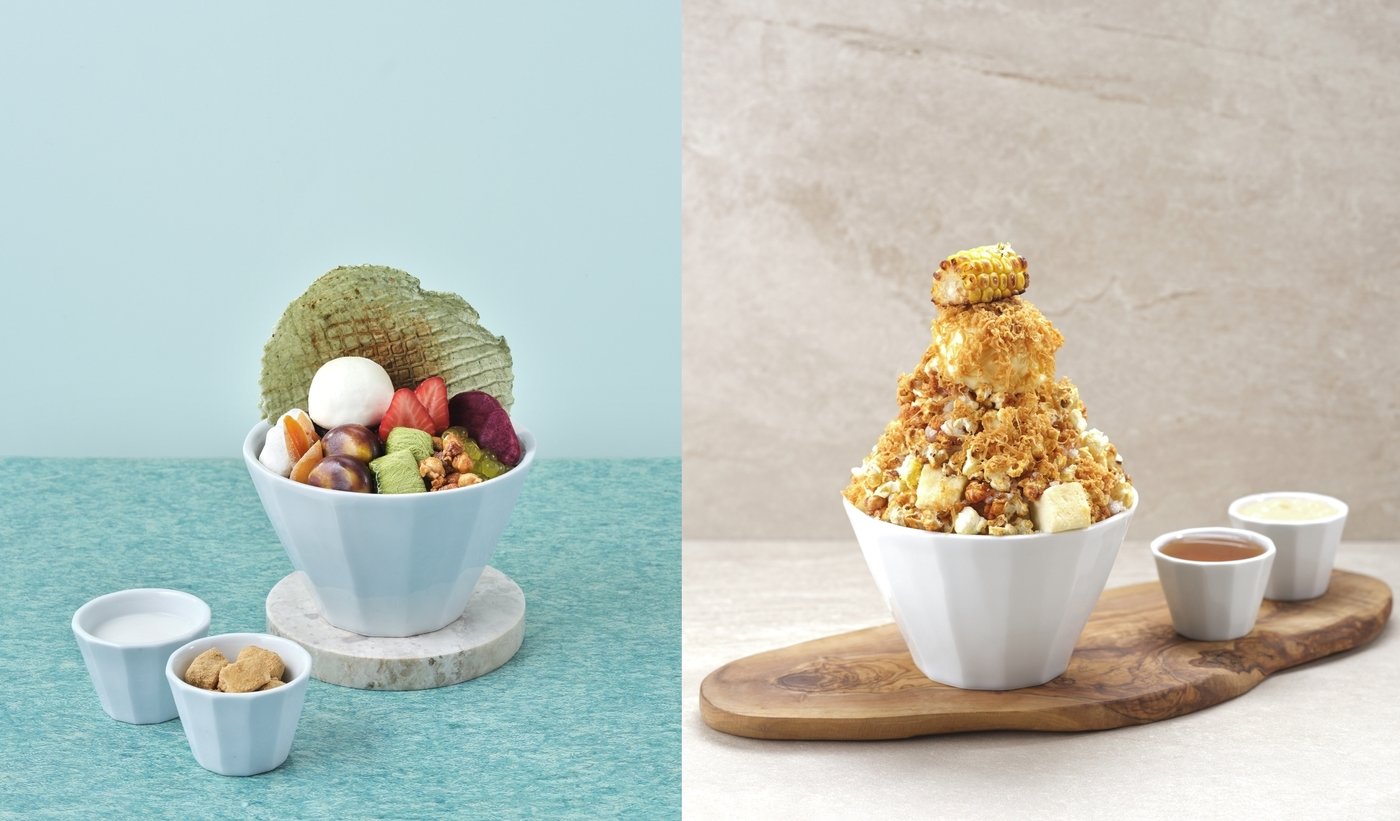 본문 이미지 - 밤양갱 팥빙수&#40;왼쪽&#41;와  초당옥수수 빙수&#40;파르나스 호텔 제공&#41;.