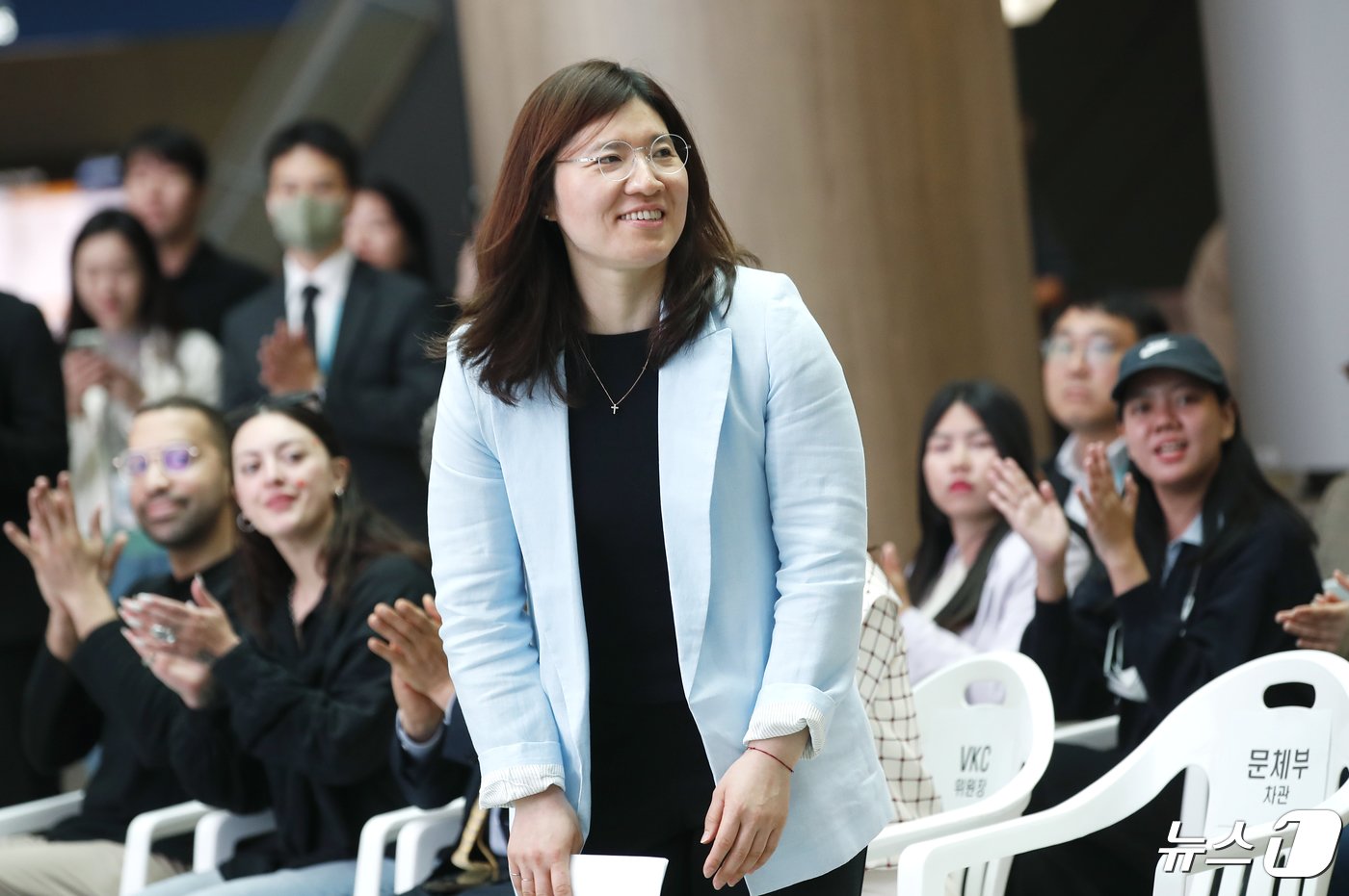 장미란 문화체육관광부 제2차관이 26일 인천공항 1터미널 밀레니엄홀에서 열린 ‘한국방문의 해 환영주간 개막식’에서 인사를 하고 있다. 2024.4.26/뉴스1 ⓒ News1 권현진 기자