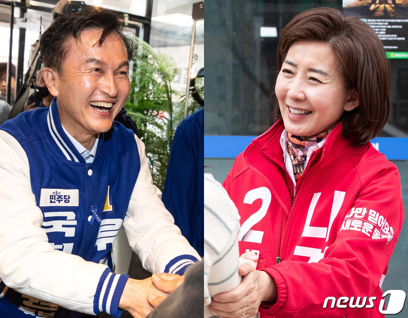 본문 이미지 - 제22대 국회의원 선거 서울 동작을에 출마한 더불어민주당 류삼영(왼쪽), 국민의힘 나경원 후보가 3일 서울 동작구 사당동 및 상도동 일대에서 각각 유권자들과 만나 지지를 호소하고 있다. 2024.4.3/뉴스1 ⓒ News1 유승관 기자