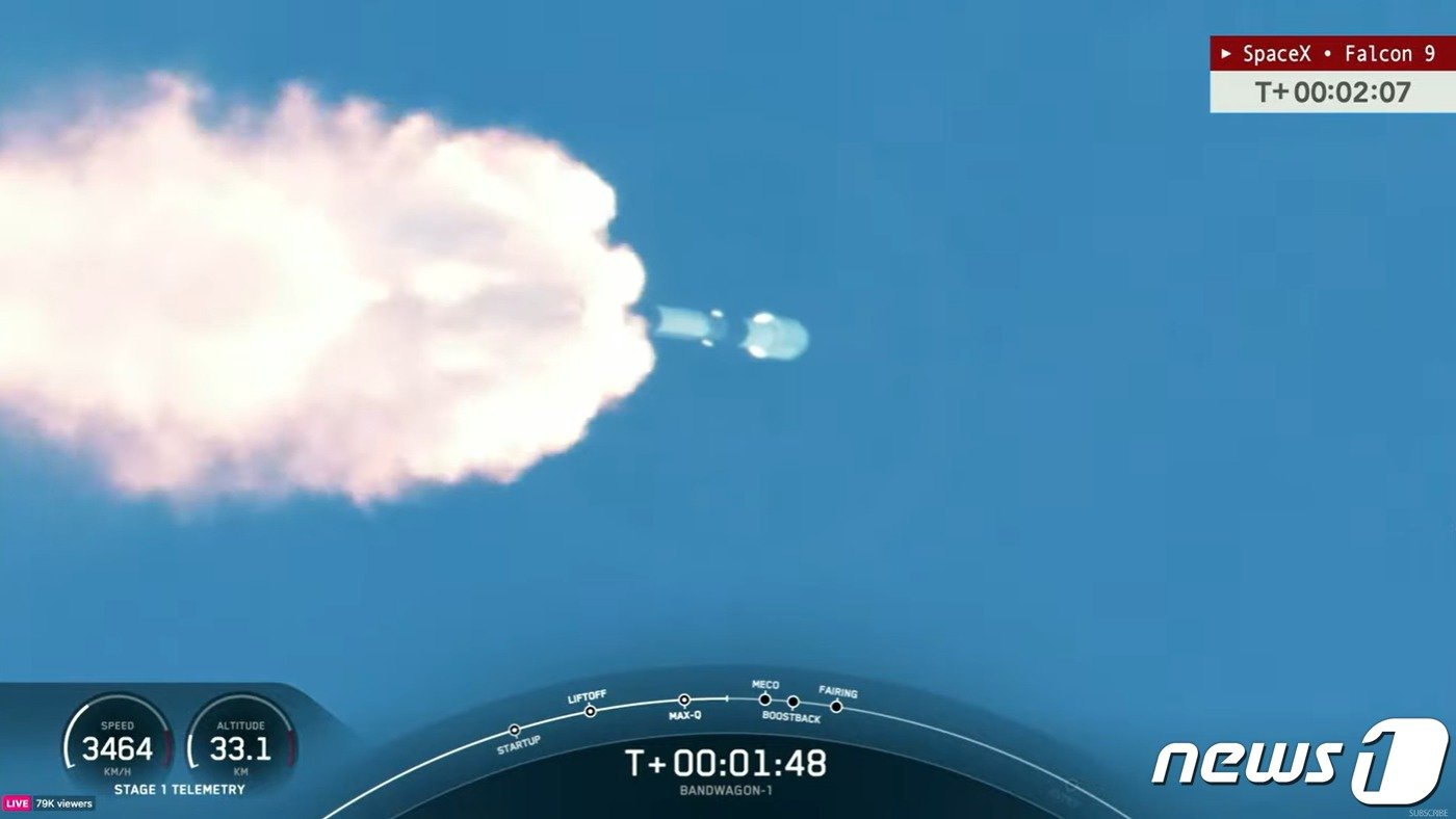 본문 이미지 - 8일 오전(한국 시간) 미국 플로리다주 케네디 스페이스센터 발사장에서 군사정찰위성 2호기가 미국 민간 우주기업 '스페이스X'의 '팰컨9' 로켓에 탑재돼 발사되고 있다. (유튜브 스페이스X 영상 캡처) 2024.4.8/뉴스1