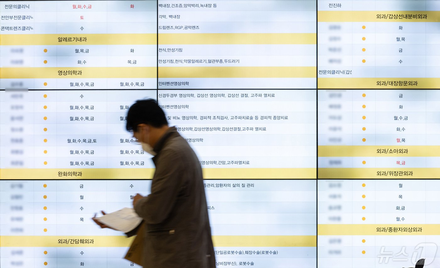 본문 이미지 - 정부의 의대 정원 확대에 반발하는 전공의를 비롯한 의료계의 집단행동이 이어지고 있는 1일 오전 서울의 한 대학병원 전광판에 진료과별 전문의 일정 안내가 나오고 있다. 2024.5.1/뉴스1 ⓒ News1 이재명 기자