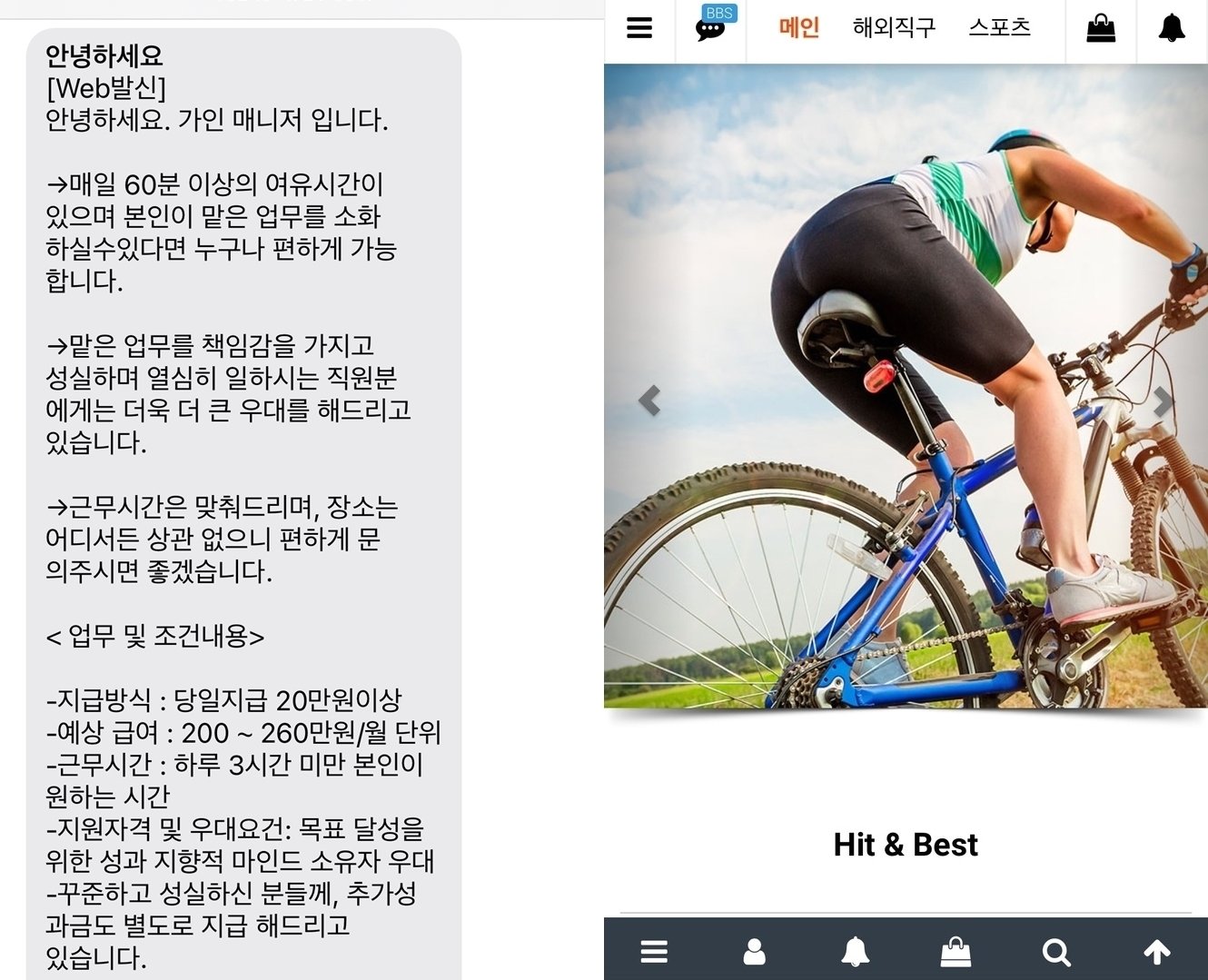 본문 이미지 - 경북 구미에 사는 김모씨가 부업사기를 당하기 전 받았다는 미끼문자(왼쪽)과 실제 거래가 이뤄진 사이트. 해당 사이트는 도메인만 바꿔서 여전히 운영되고 있다. (자료=독자제공)