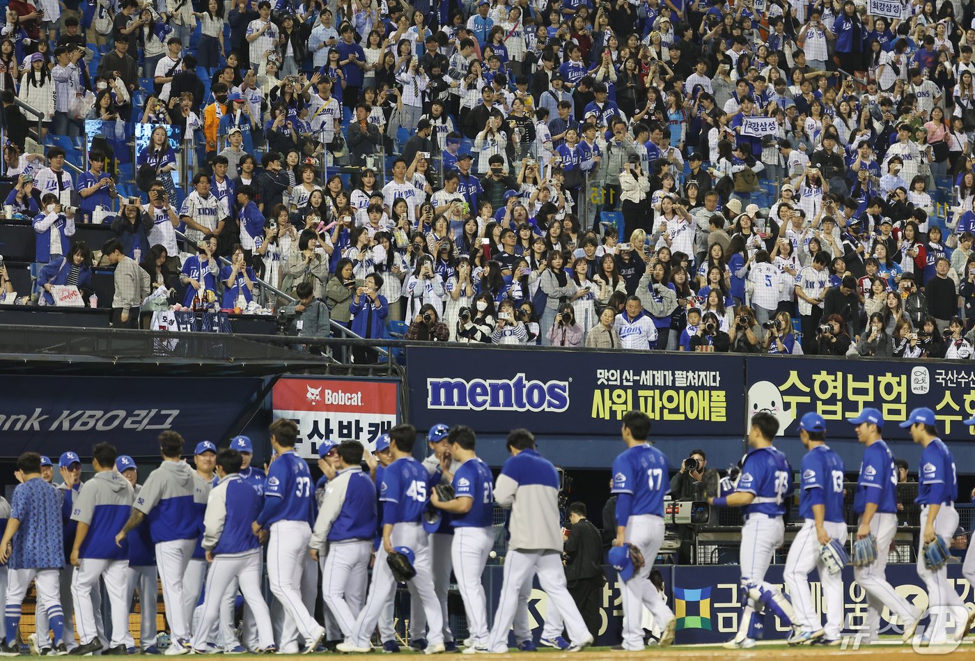 본문 이미지 - 1일 오후 서울 송파구 잠실야구장에서 열린 프로야구 '2024 신한 SOL Bank KBO리그' 두산 베어스와 삼성 라이온즈의 경기에서 9대2로 승리한 삼성 박진만 감독과 선수들이 기뻐하고 있다. 2024.5.1/뉴스1 ⓒ News1 김민지 기자