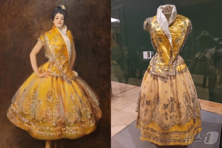 본문 이미지 - 사전트가 1890년에 그린 스페인 무용수 카르멘시타의 초상화. 카르멘시타는 당시 미국, 유럽, 남미 전역에서 광범위하게 활동한 무용수였고 사전트 역시 매우 존경해 그의 공연을 여러 차례 찾았다. 오른쪽 의상은 1890년 당시 카르멘시타의 의상으로 제작된 새틴 실크 드레스. 짧은 종 모양의 풍성한 치마와 볼레로 재킷, 비즈 장식이 특징인데 카르멘시타가 다른 그림이나 삽화, 영화에서 등장할 때 입었던 옷과도 유사하다. 사전트는 이 드레스를 보관하고 있다가 친구였던 시빌 사순에게 선물로 보냈다. 사순은 이후 드레스를 소장해 왔다. 2024.05.14/ ⓒ 뉴스1 조아현 통신원