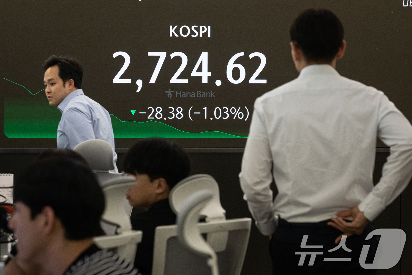 (서울=뉴스1) 유승관 기자 = 17일 서울 중구 하나은행 본점 딜링룸 전광판에 종가가 표시되고 있다.이날 코스피 지수는 전 거래일 대비 28.38포인트(p)(1.03%) 하락한 …