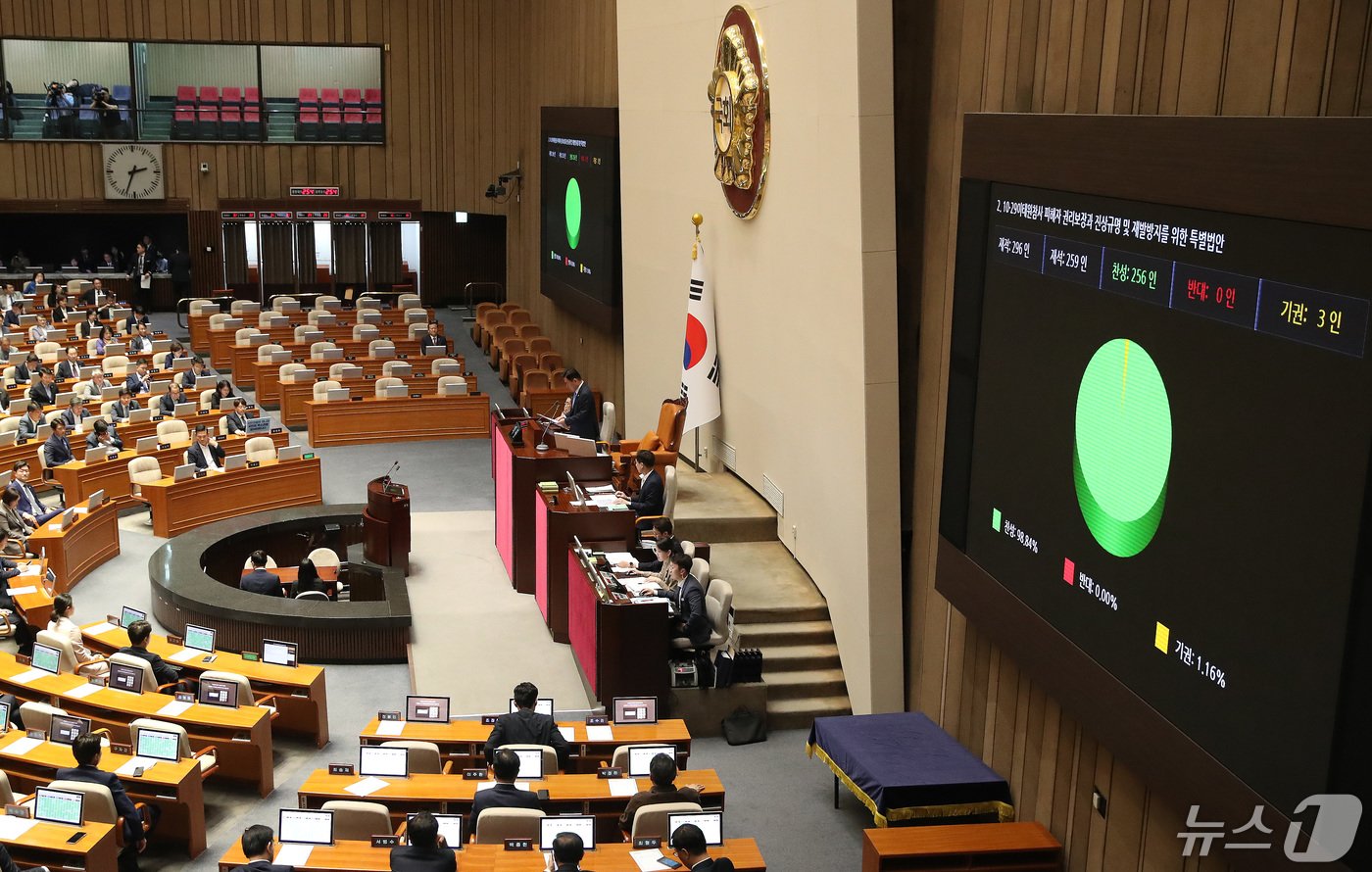 본문 이미지 - 2일 서울 여의도 국회에서 열린 제414회국회(임시회) 제1차 본회의에서 10·29 이태원 참사 피해자 권리 보장과 진상규명 및 재발 방지를 위한 특별법이 가결되고 있다. 2024.5.2/뉴스1 ⓒ News1 임세영 기자