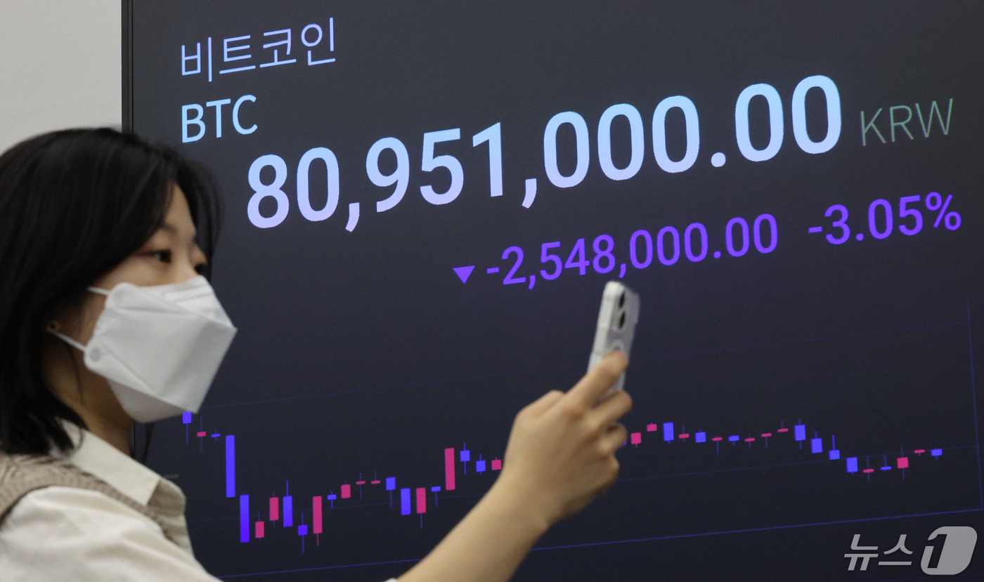 (서울=뉴스1) 장수영 기자 = 2일 오후 서울 강남구 업비트 라운지에 비트코인 시세가 표시되고 있다.최근 개당 1억 원까지 올랐던 비트코인의 가격이 고금리 장기화 등 거시 경제적 …