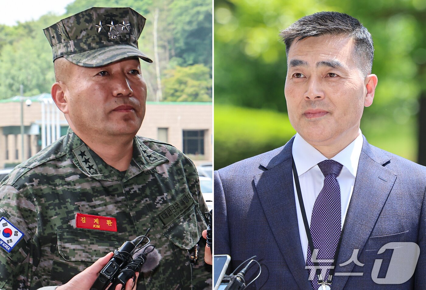 본문 이미지 - 김계환 전 해병대사령관&#40;사진 왼쪽&#41;과 박정훈 전 해병대 수사단장&#40;대령&#41;이 지난해 5월 경기 과천시 정부과천청사 고위공직자범죄수사처에 순직해병수사외압 의혹 관련 조사를 받기 위해 출석했다. 2024.5.21/뉴스1 ⓒ News1 김도우 기자