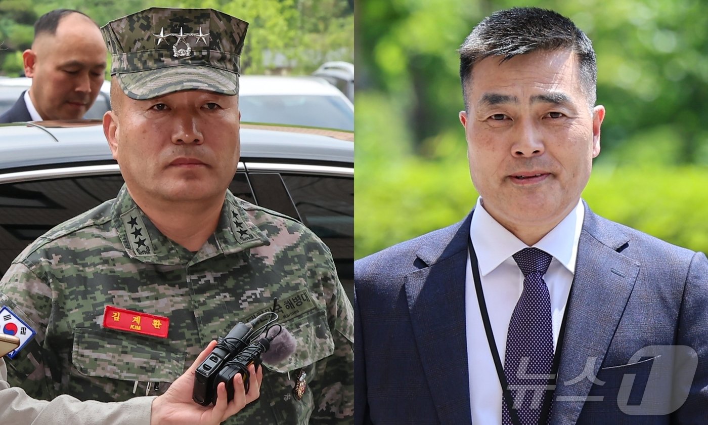 본문 이미지 - 김계환 전 해병대사령관&#40;사진 왼쪽&#41;과 박정훈 전 해병대수사단장. 2024.5.21/뉴스1 ⓒ News1 김도우 기자