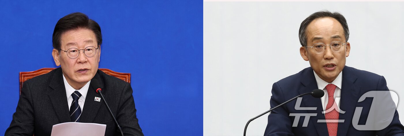 본문 이미지 - 24일 오전 서울 여의도 국회에서 열린 더불어민주당 최고위원회의에서 모두발언하는 이재명 대표(왼쪽)와 국민의힘 원내대책회의에서 모두발언하는 추경호 원내대표.2024.5.24/뉴스1 ⓒ News1 이광호 기자