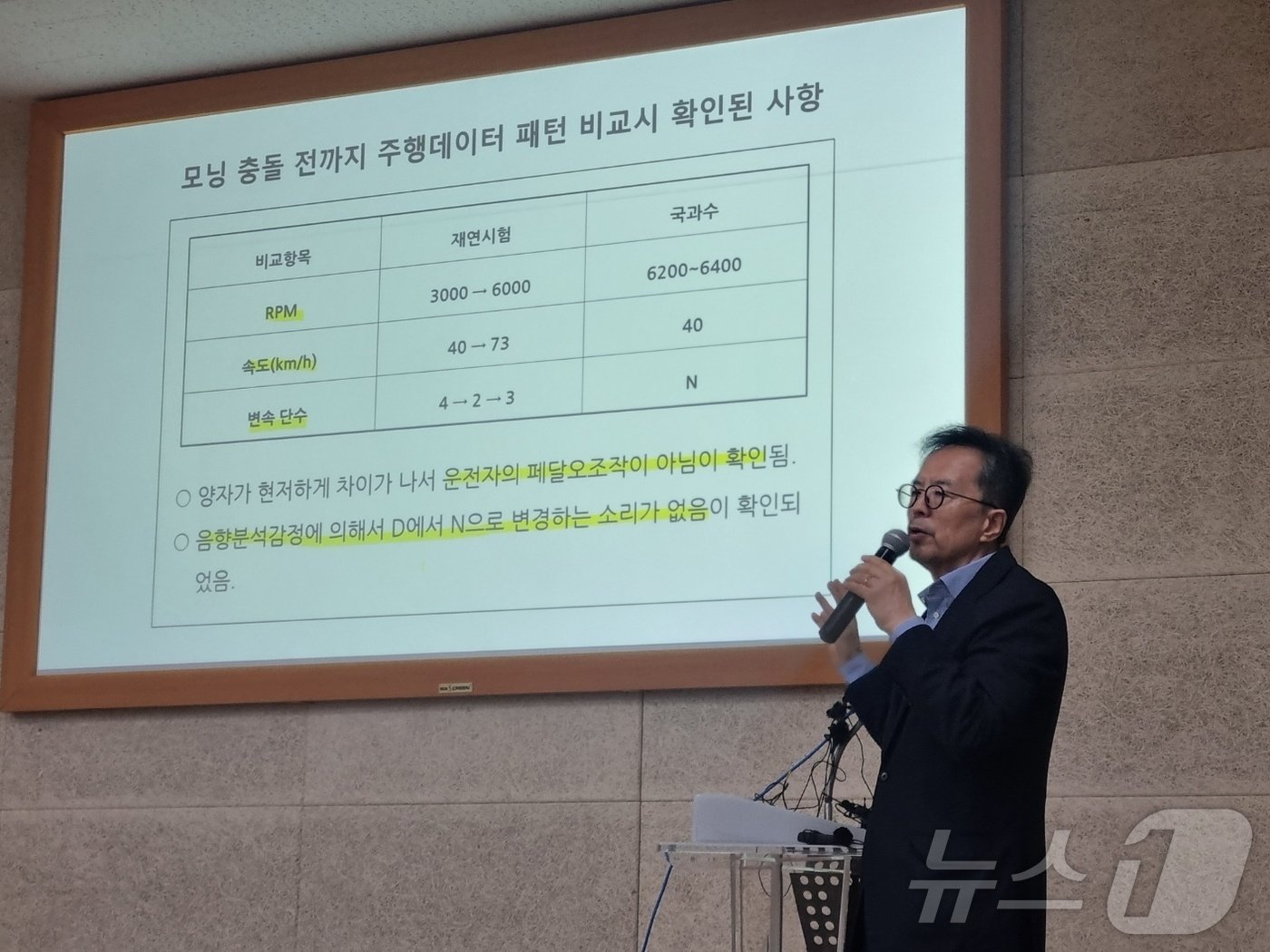 본문 이미지 - 지난 2022년 12월 강원 강릉에서 일어난 급발진 의심사고의 책임소재를 가리기 위한 민사소송이 진행 중인 가운데 운전자 측 소송대리인인 법률사무소 나루 하종선 변호사가 27일 강릉의 한 교회에서 지난달 진행된 재연 감정결과를 발표하고 있다. 2024.5.27/뉴스1 윤왕근 기자