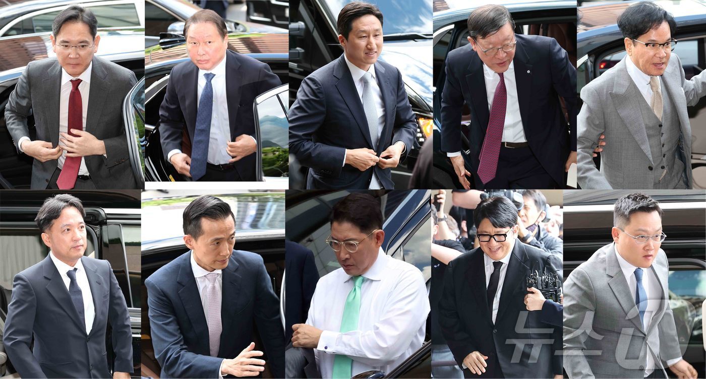 본문 이미지 - 국내 총수·기업인들이 28일 오후 서울 중구 한 호텔에서 열린 모하메드 빈 자이드 알 나하얀 아랍에미리트(UAE) 대통령과의 간담회에 참석하고 있다. 상단 왼쪽부터 시계방향으로 이재용 삼성전자 회장, 최태원 SK그룹 회장, 정기선 HD현대 부회장, 허태수 GS그룹 회장, 이재현 CJ그룹 회장, 조만호 무신사 총괄대표, 방시혁 하이브 의장, 조현준 효성그룹 회장, 김동관 한화그룹 부회장, 김택진 엔씨소프트 대표. 2024.5.28/뉴스1 ⓒ News1 김민지 기자
